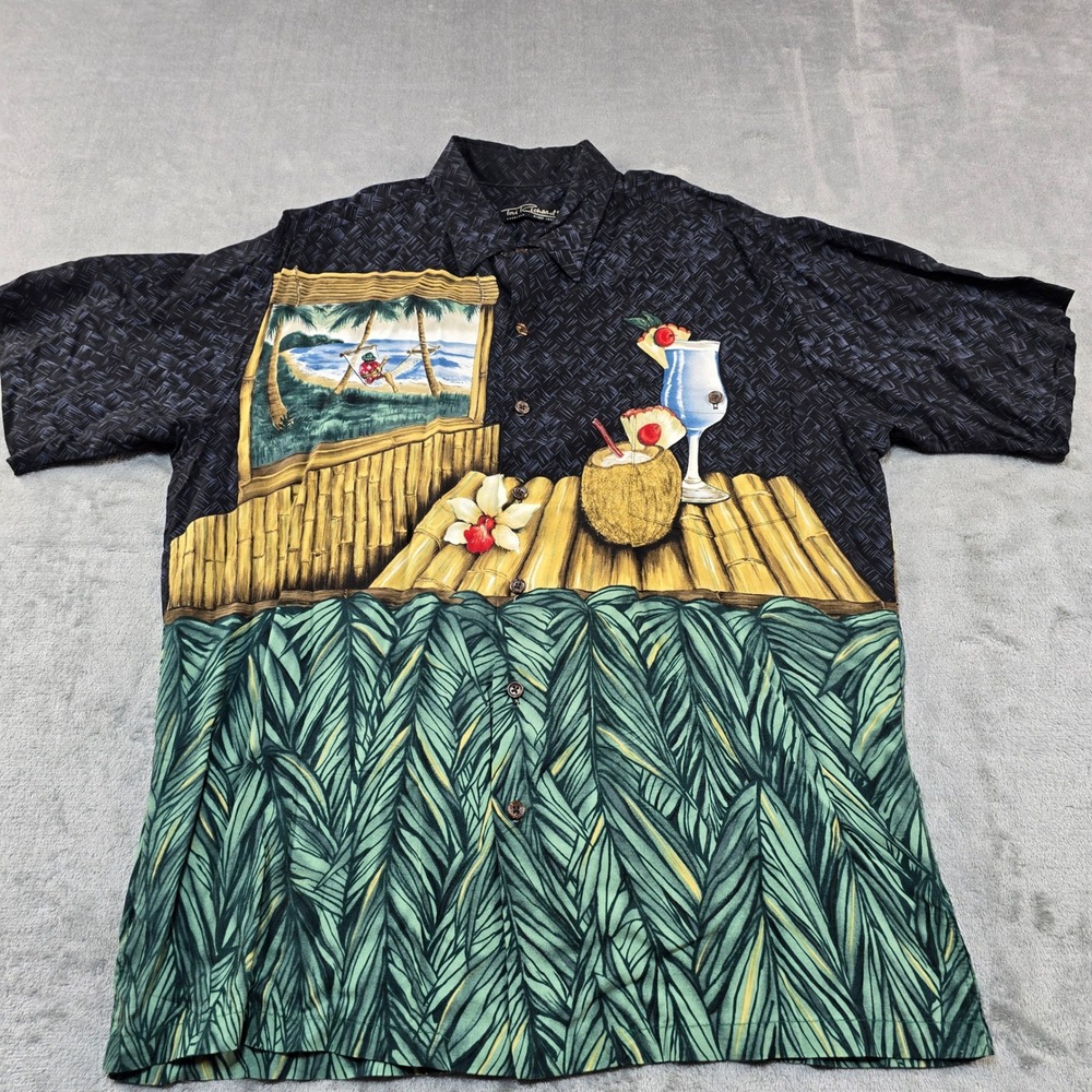 Tori Richard Hawaiian Camp Shirt Mens Large Tropical Cocktail Palm Leaf Aloha